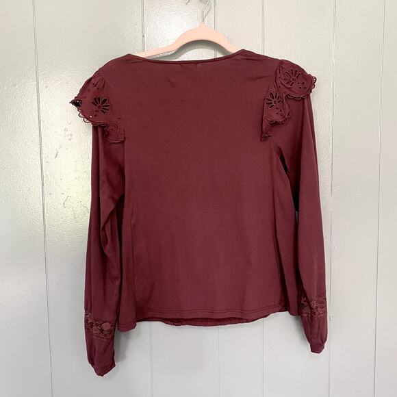 Anthropologie Tiny Burgundy Red Long-Sleeve Crescent Ruffled Lace Top S - Picture 7 of 8
